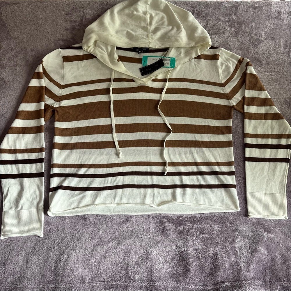 Lety & Me Rhett Hooded Sweater Off-White Brown Striped Knit Top 368SX Medium NEW